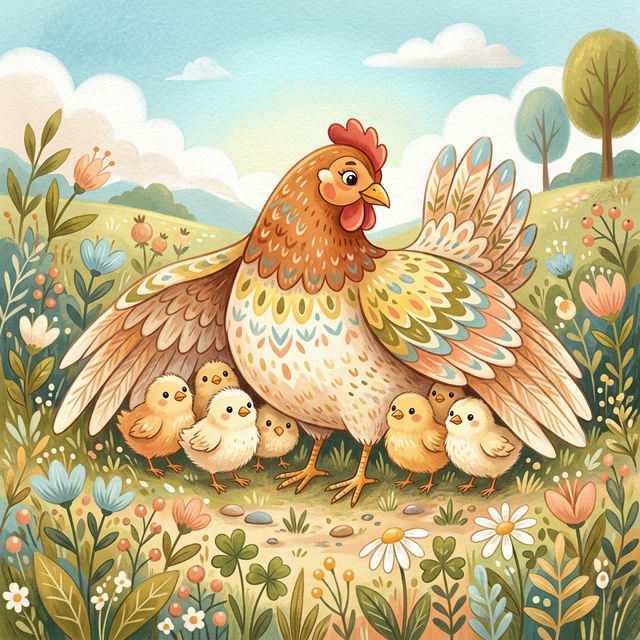 Mother Hen protecting chicks